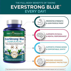 Bowl of PurityBlue blueberries beside the EverStrong Blue bottle for antioxidant support.
