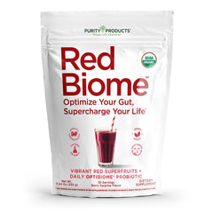 Purity Products Red Biome bottle showing the gut health formula for daily support