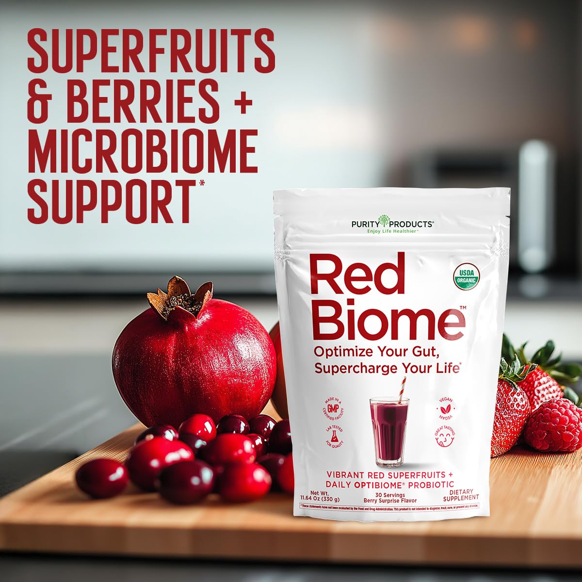 Purity Products Red Biome capsules emphasizing probiotic science