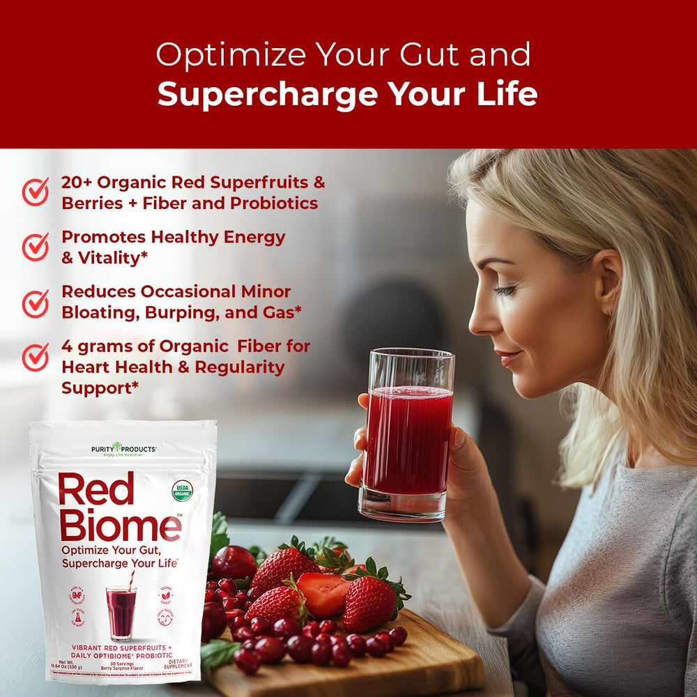 Purity Products Red Biome organic berry blend close-up highlighting antioxidants