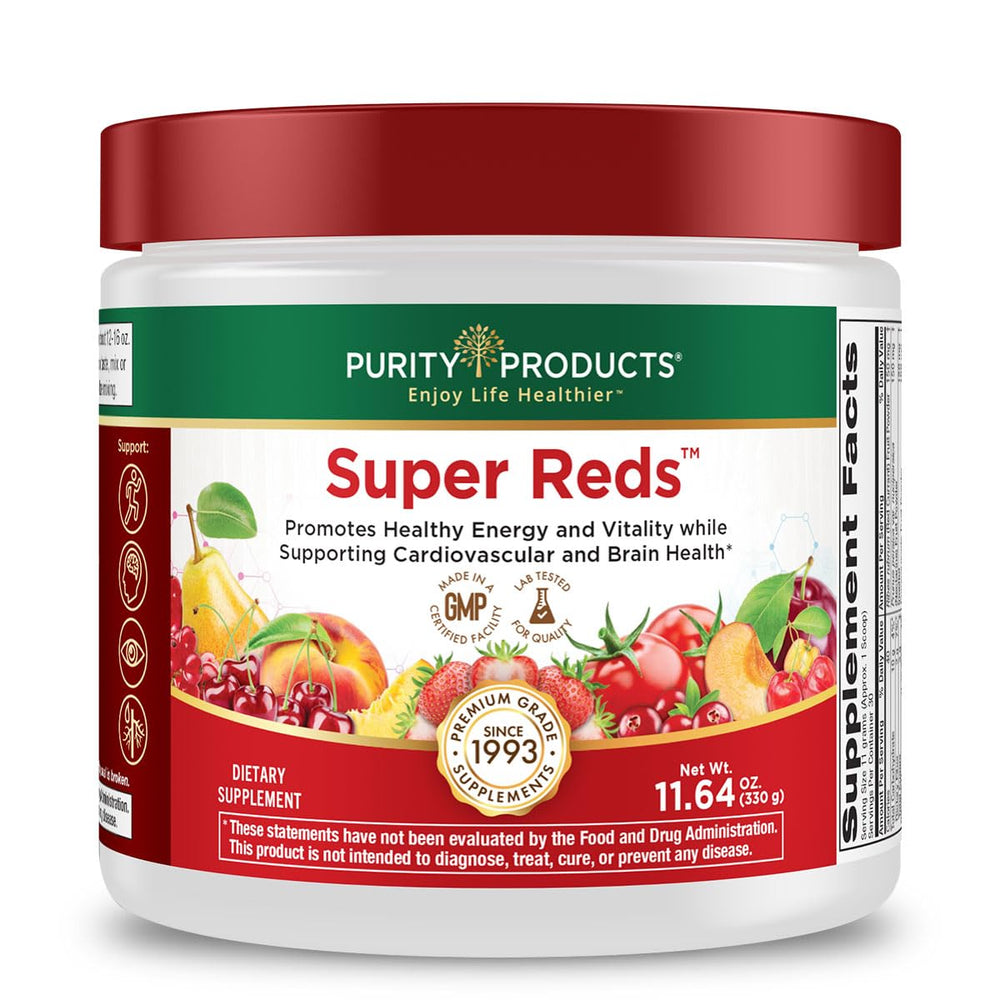 Purity Products Super Reds powder tub highlights a nutrient-dense superfood mix.