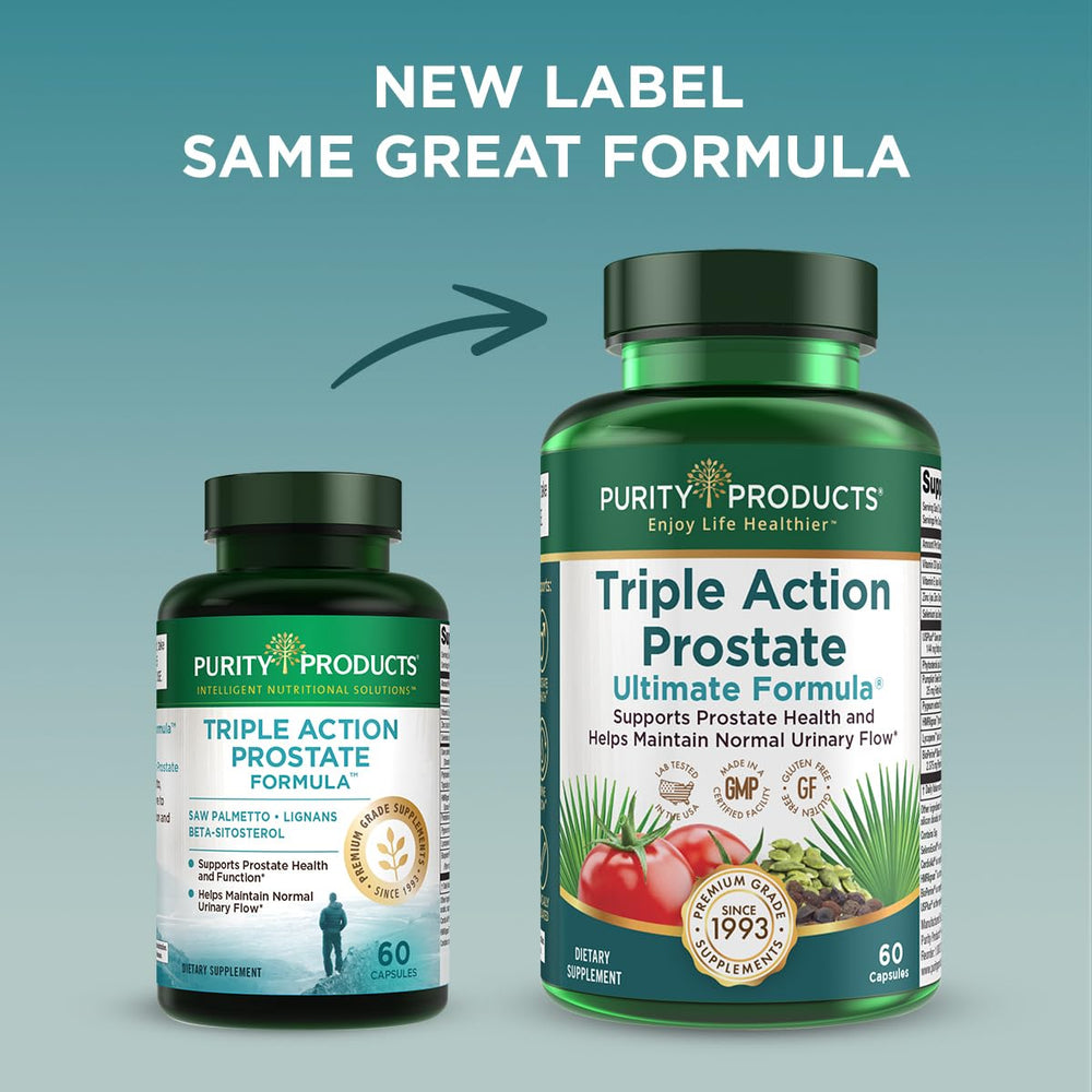 Purity Products Triple Action Prostate capsules arranged for daily use and daytime energy support.