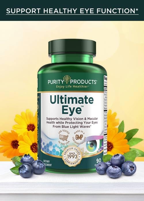 Purity Products Ultimate Eye bottle on a desk under natural light.