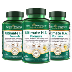 Purity Products Ultimate HA Formula bottle front, highlighting joint and skin support potential.