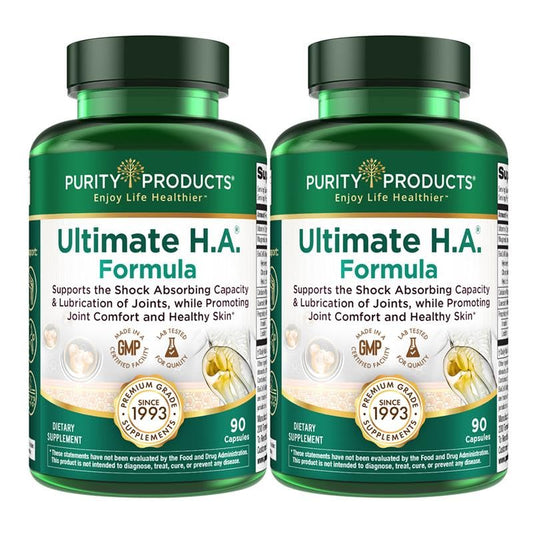 Purity Products Ultimate H.A. Formula bottle front with capsules supporting joints and skin hydration.