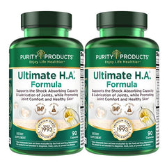 Purity Products Ultimate H.A. Formula bottle front with capsules supporting joints and skin hydration.