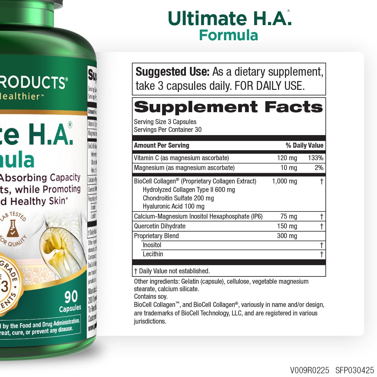 Purity Products Ultimate H.A. Formula bottle top with easy to swallow capsules for daily beauty and mobility.