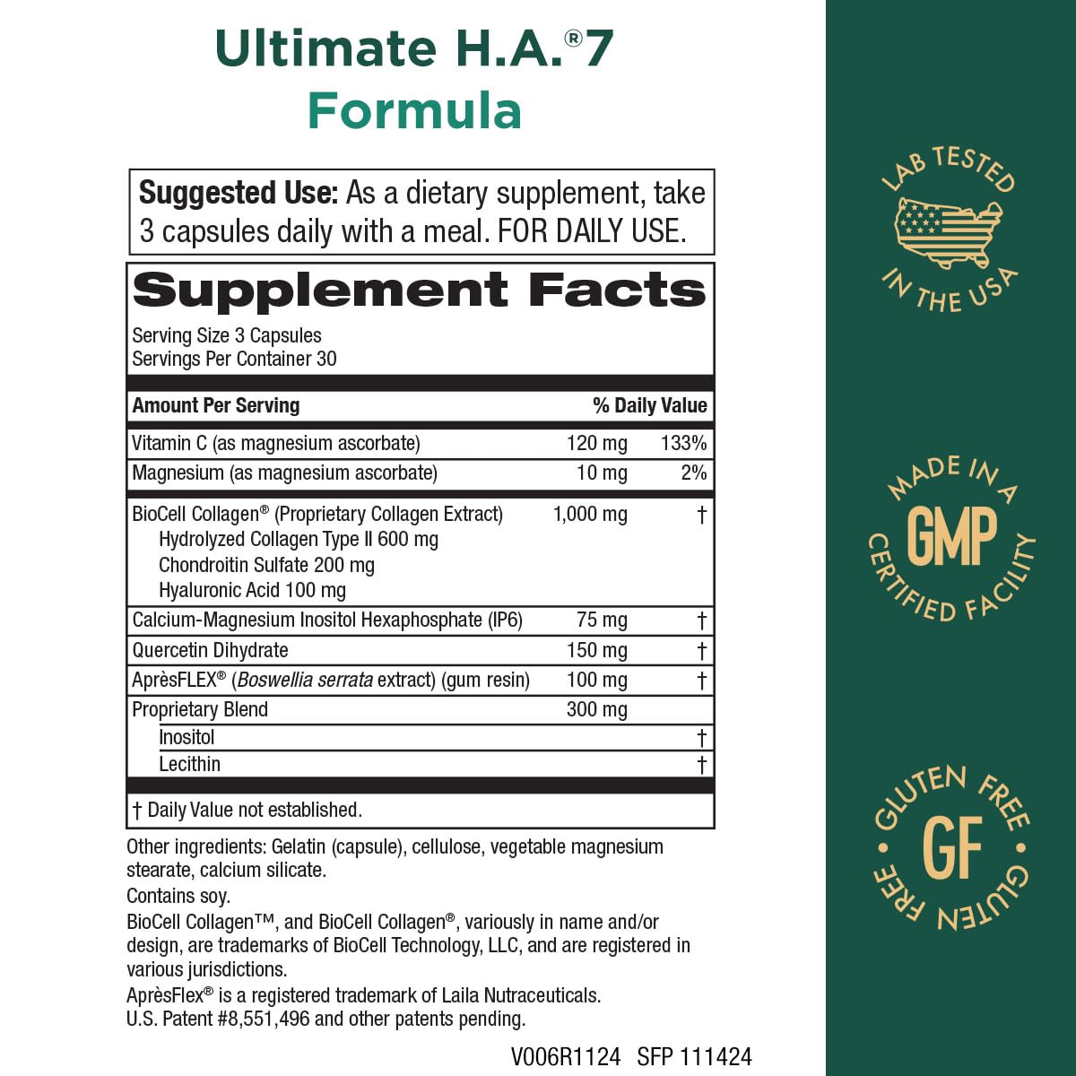 Purity Products Ultimate H.A. 7 bottle back view shows label and mobility ingredients