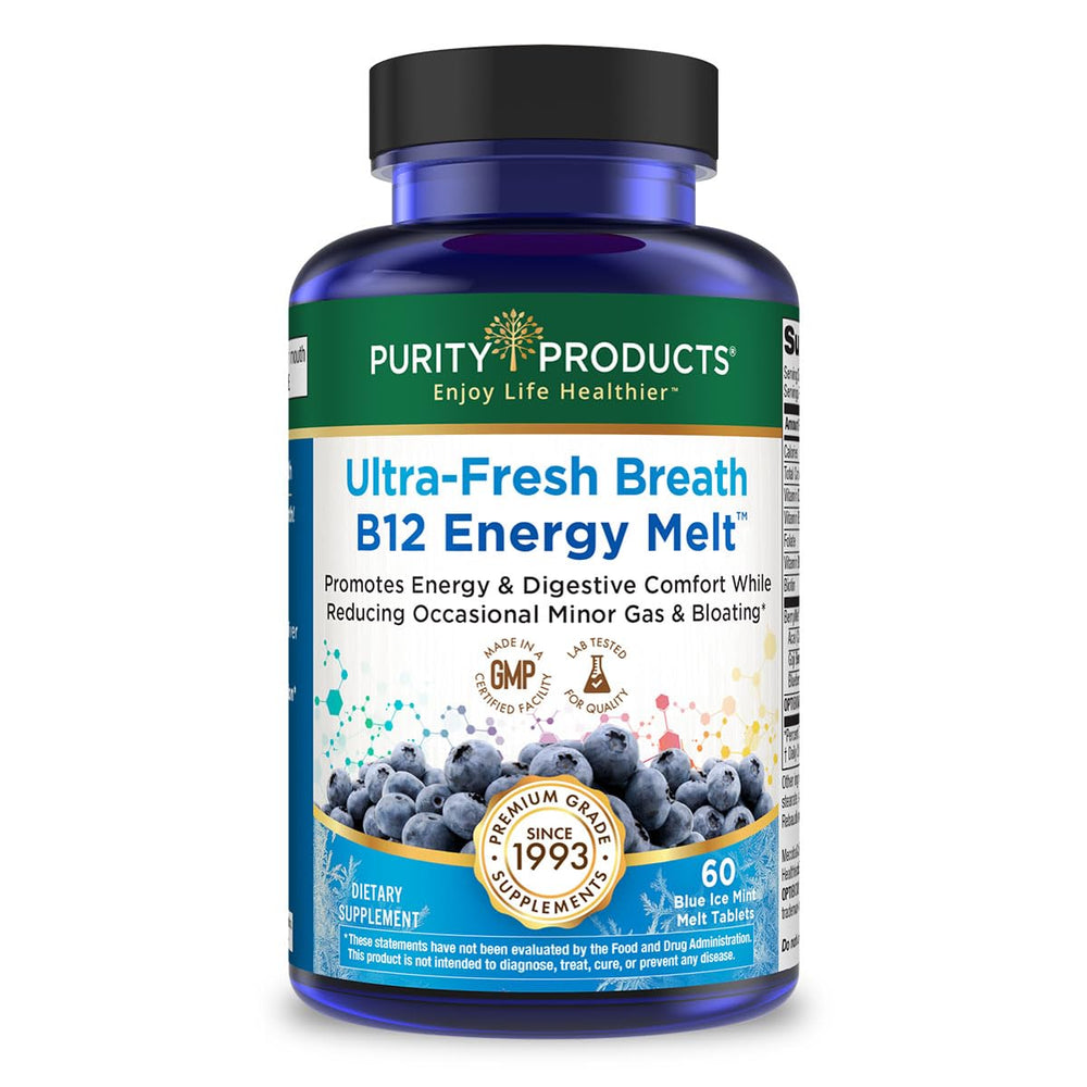 Purity Products Ultra Fresh Breath B12 Melts pack shown, supports energy and breath freshness