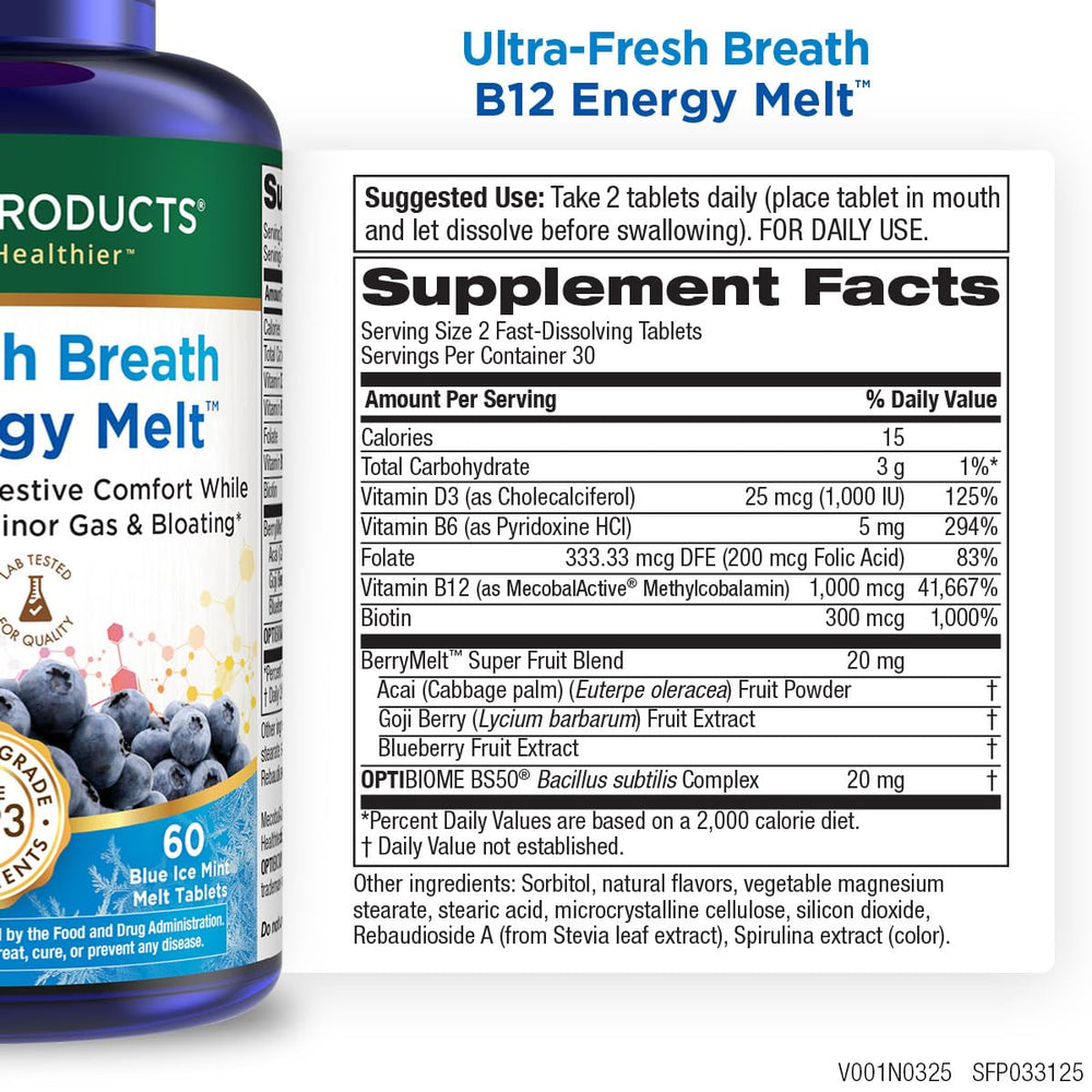 Purity Products Ultra Fresh Breath B12 Melts tablets close-up showing mint flavor and fast-acting feel
