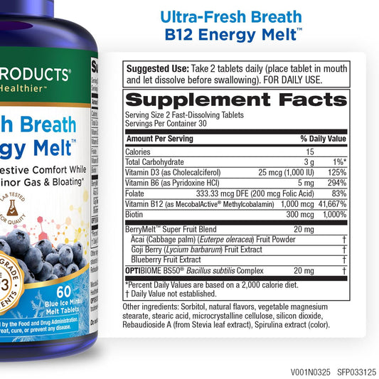 Purity Products Ultra Fresh Breath B12 Melts tablets close-up showing mint flavor and fast-acting feel
