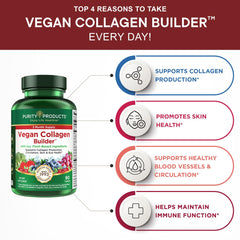Purity Products Vegan Collagen Builder tablet image shows easy-to-swallow design for daily use.