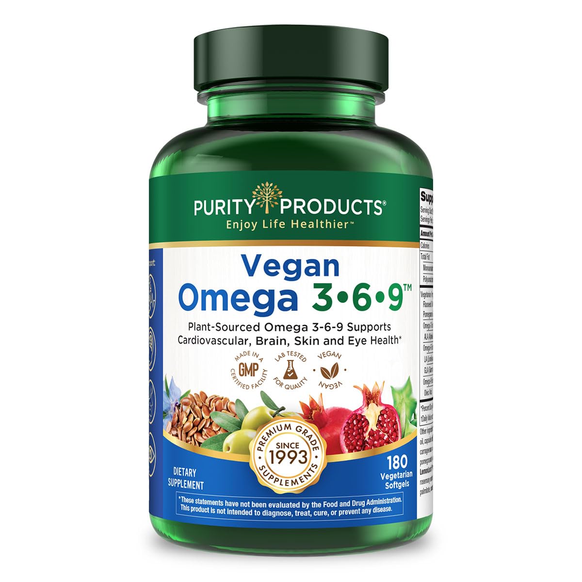 Purity Products Vegan Omega 3-6-9 bottle front showing a 3-month supply