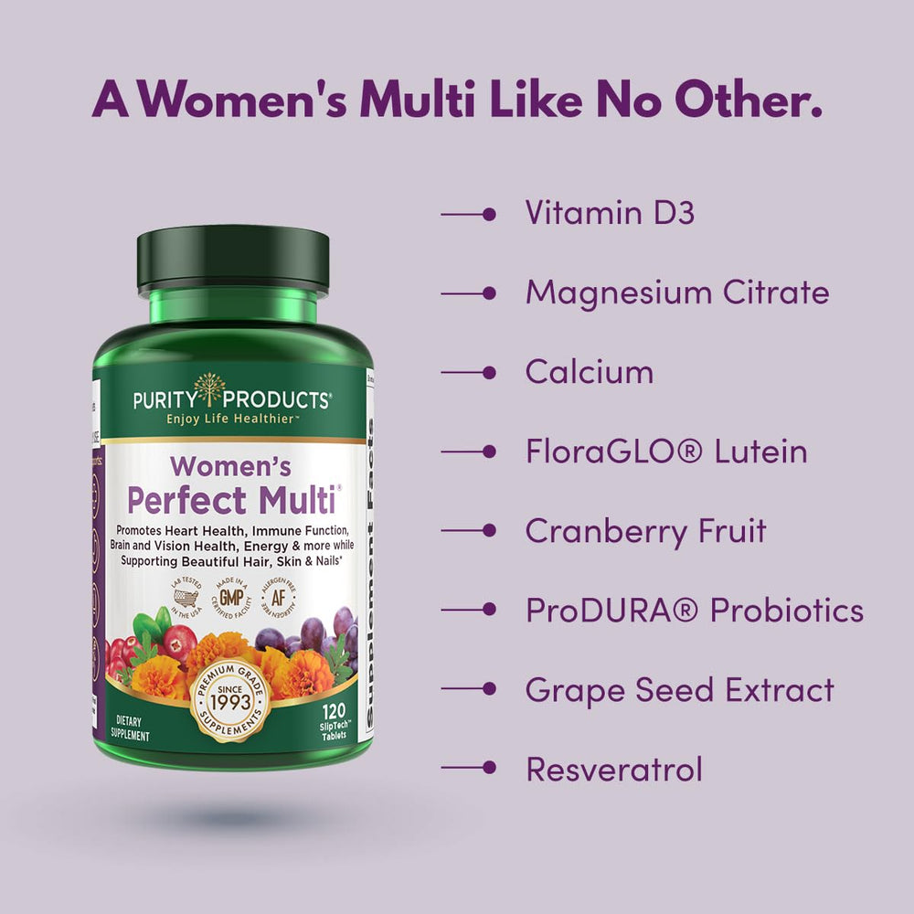 Purity Products Women's Perfect Multi tablets close-up ready for daily use