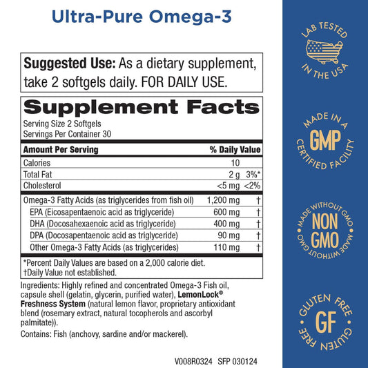 Purity Ultra-Pure Omega-3 bottle with lemon freshness system reducing fishy aftertaste