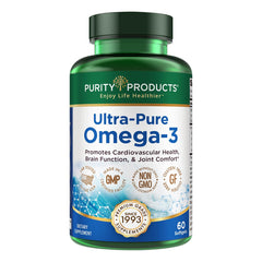 Purity Ultra-Pure Omega-3 bottle close-up highlights high EPA and DHA for heart support