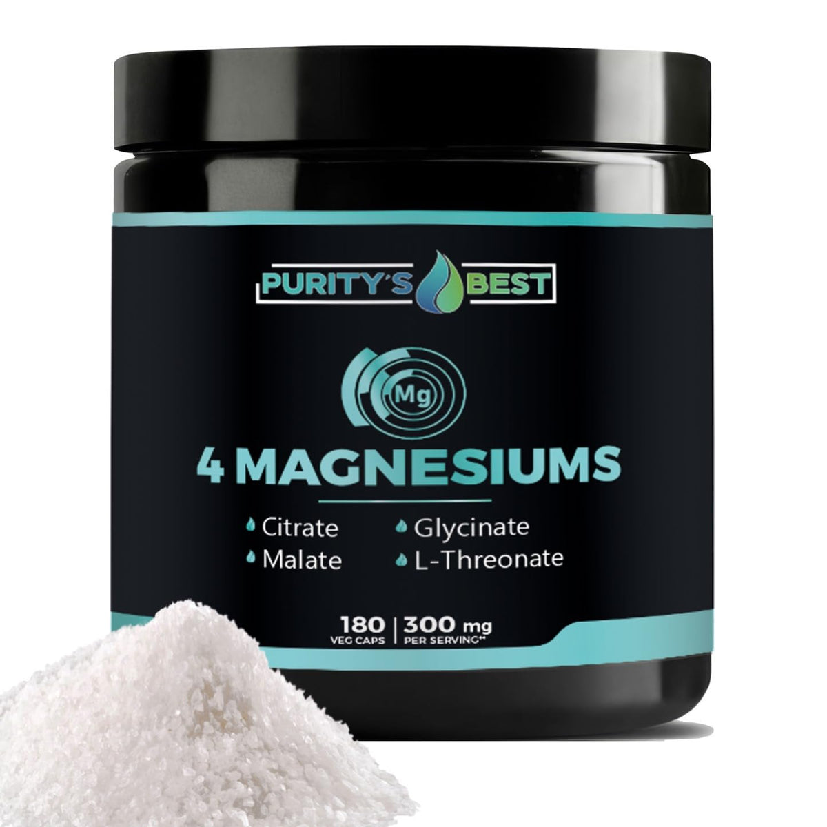 Purity's Best 4 Magnesiums bottle label shows vegan capsules for daily wellness.
