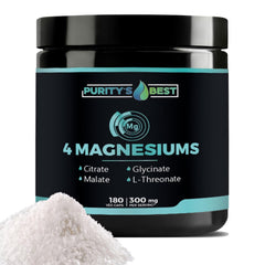 Purity's Best 4 Magnesiums bottle label shows vegan capsules for daily wellness.