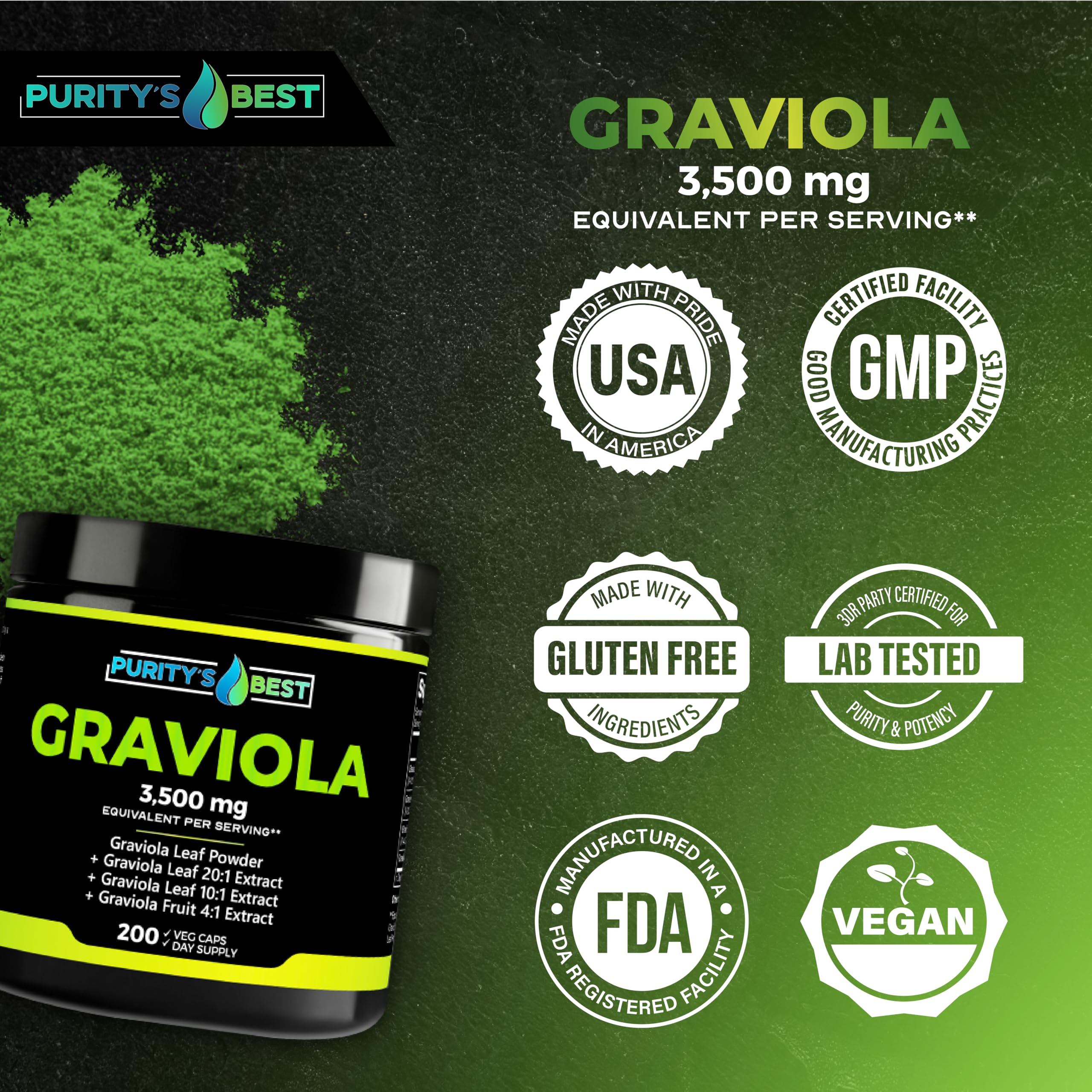 Boxed bottle of Purity's Best Graviola showing 200-day supply.