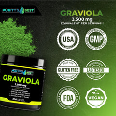 Boxed bottle of Purity's Best Graviola showing 200-day supply.