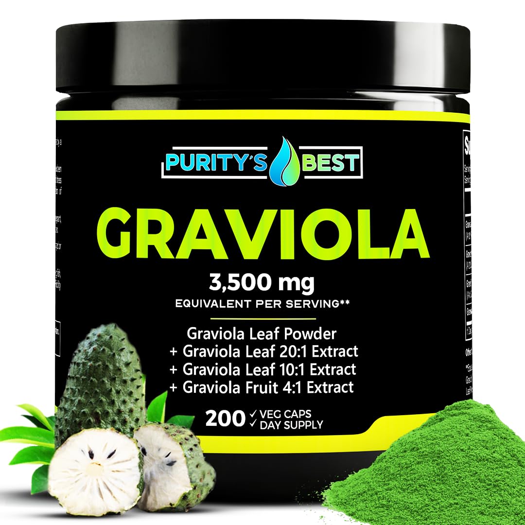 Purity's Best Graviola bottle front view highlighting 378 mg blend for immune support.