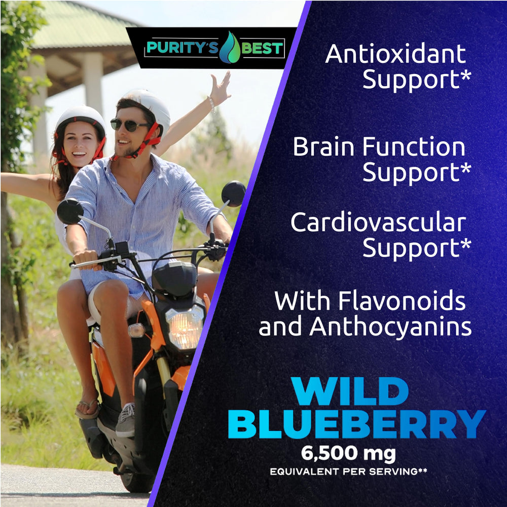 Pour shot of Purity's Best Wild Blueberry Extract demonstrating serving flexibility for antioxidant intake.