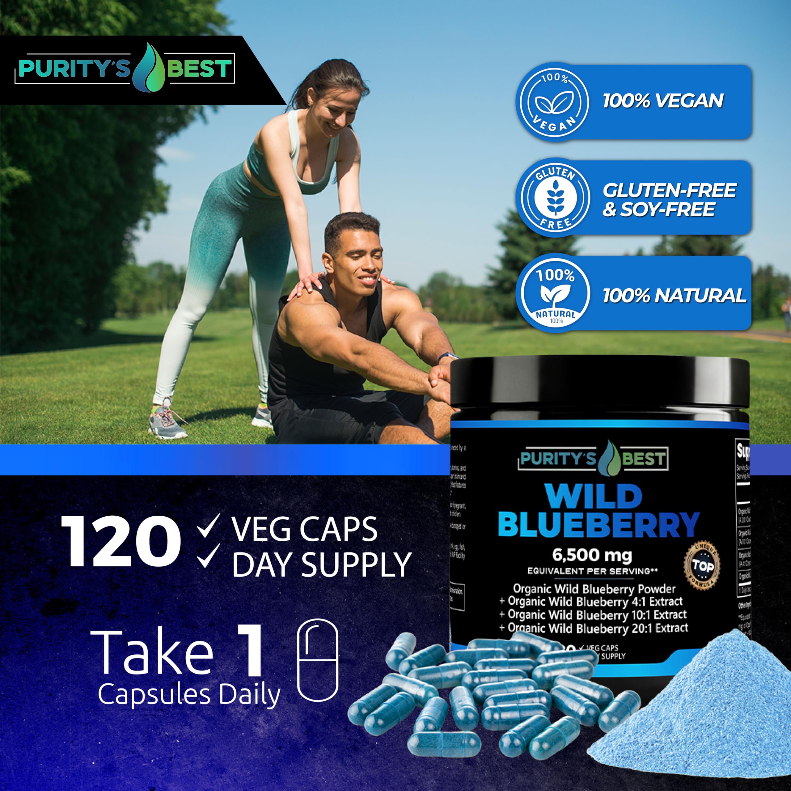 Purity's Best Wild Blueberry Extract scoop image emphasizing concentrated extract blends for dosage flexibility.