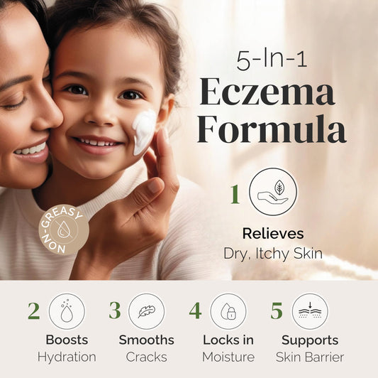 Puriya 5-in-1 eczema cream with child applying it for gentle daily relief