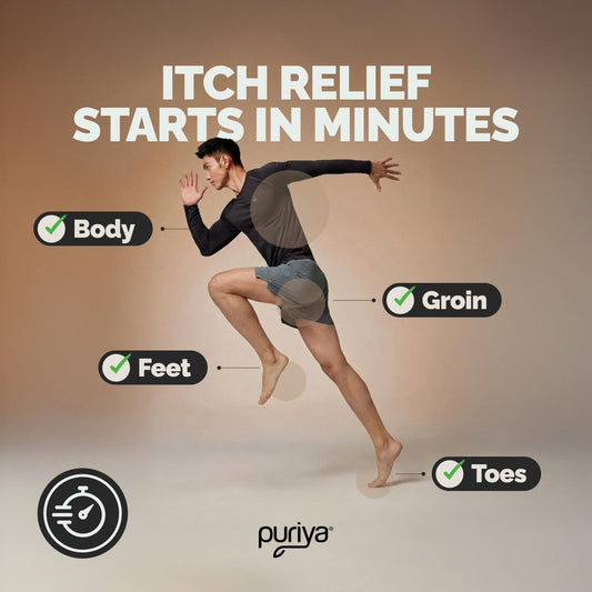 Puriya athletes foot treatment being applied to the foot for quick relief.