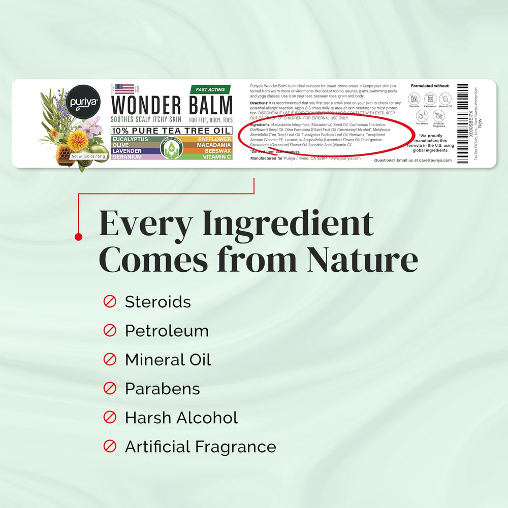 Puriya Tea Tree Oil Balm label shot highlights natural, plant-powered formula