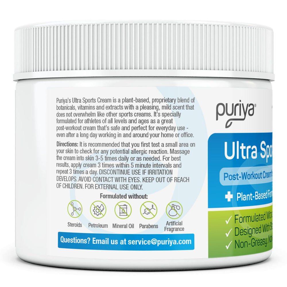 Puriya Ultra Sports Cream jar and packaging highlighting plant-based, long-lasting formula