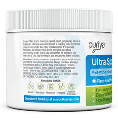 Puriya Ultra Sports Cream jar and packaging highlighting plant-based, long-lasting formula
