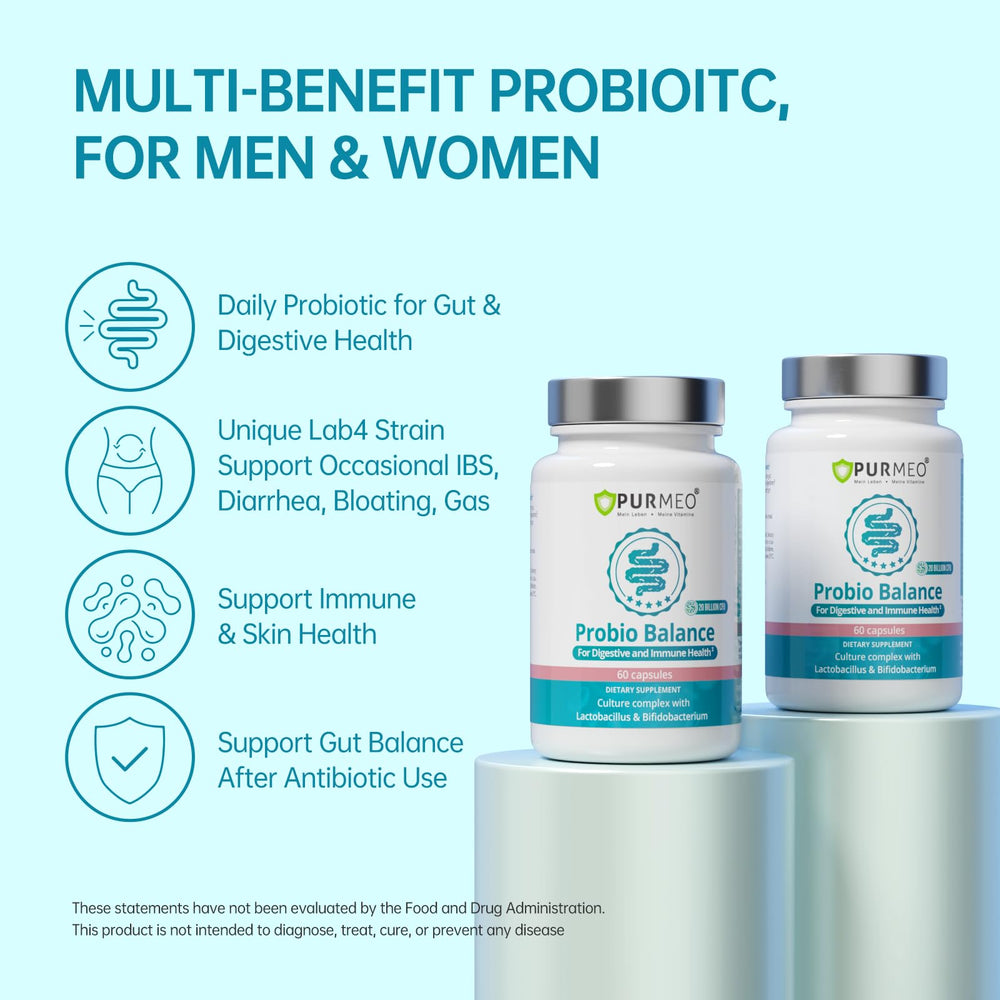 Purmeo bottle side view with capsules promoting daily wellness
