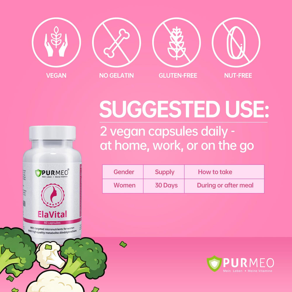 Purmeo ElaVital flatlay with flaxseed and capsules for balance.