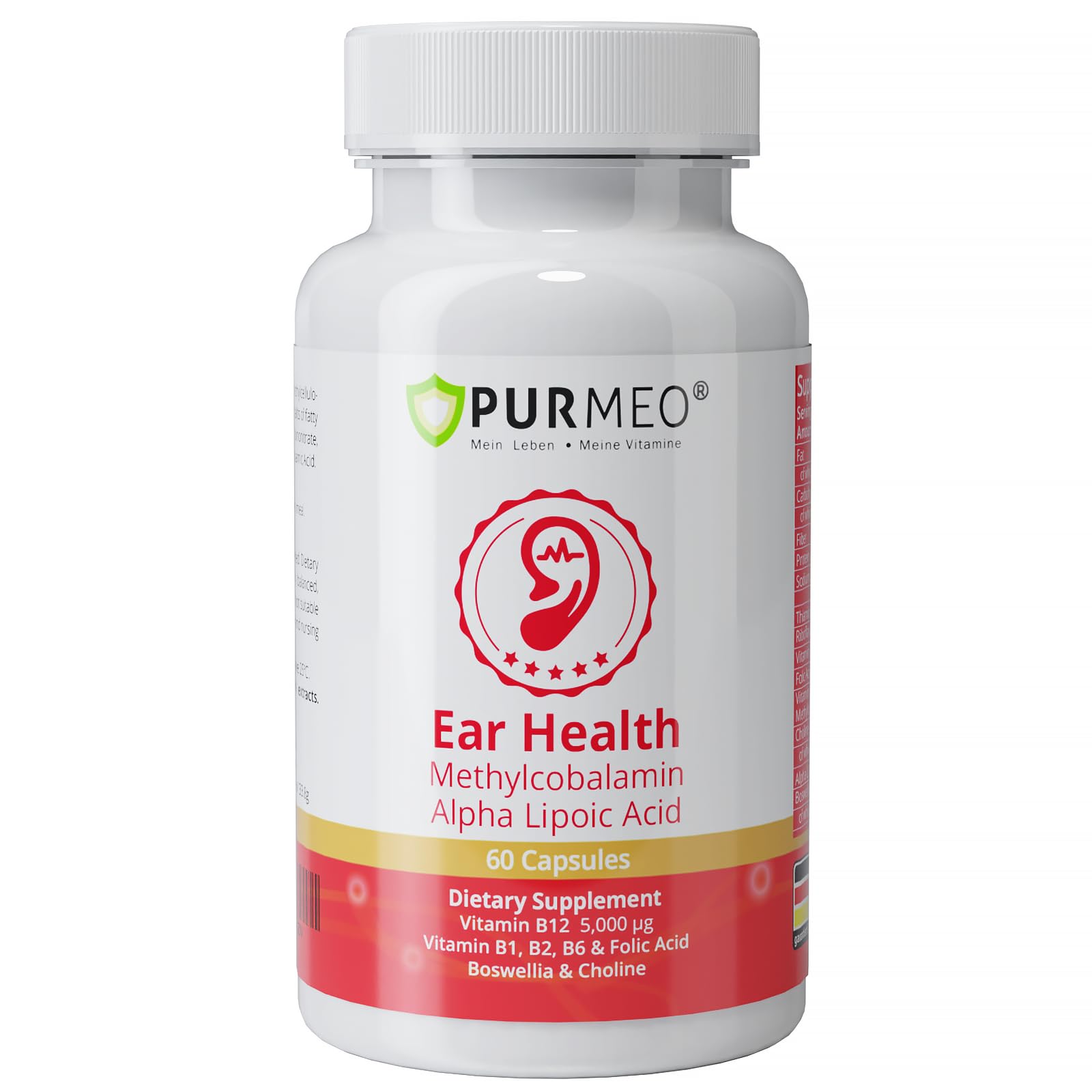 Purmeo Tinnitus Relief bottle on shelf showing daily intake for ear comfort.
