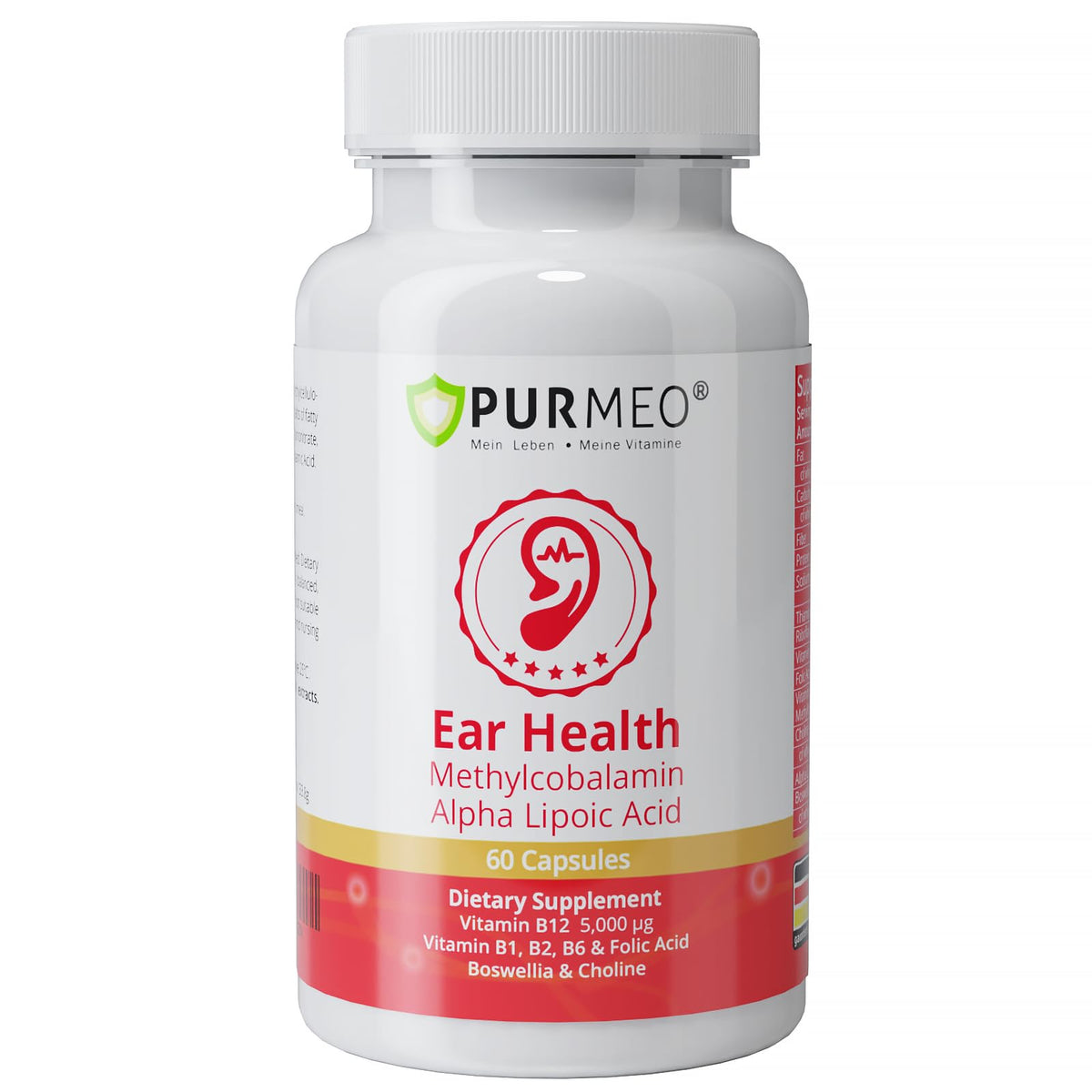 Purmeo Tinnitus Relief bottle on shelf showing daily intake for ear comfort.