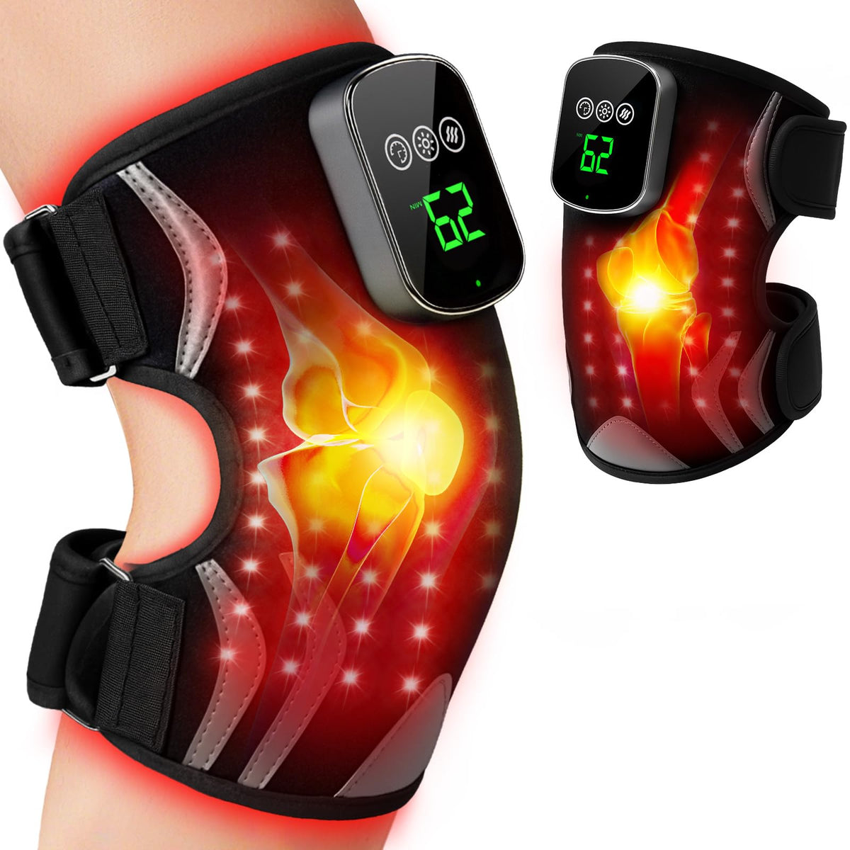 Puroth red light knee brace close-up showing dual wavelengths for targeted relief