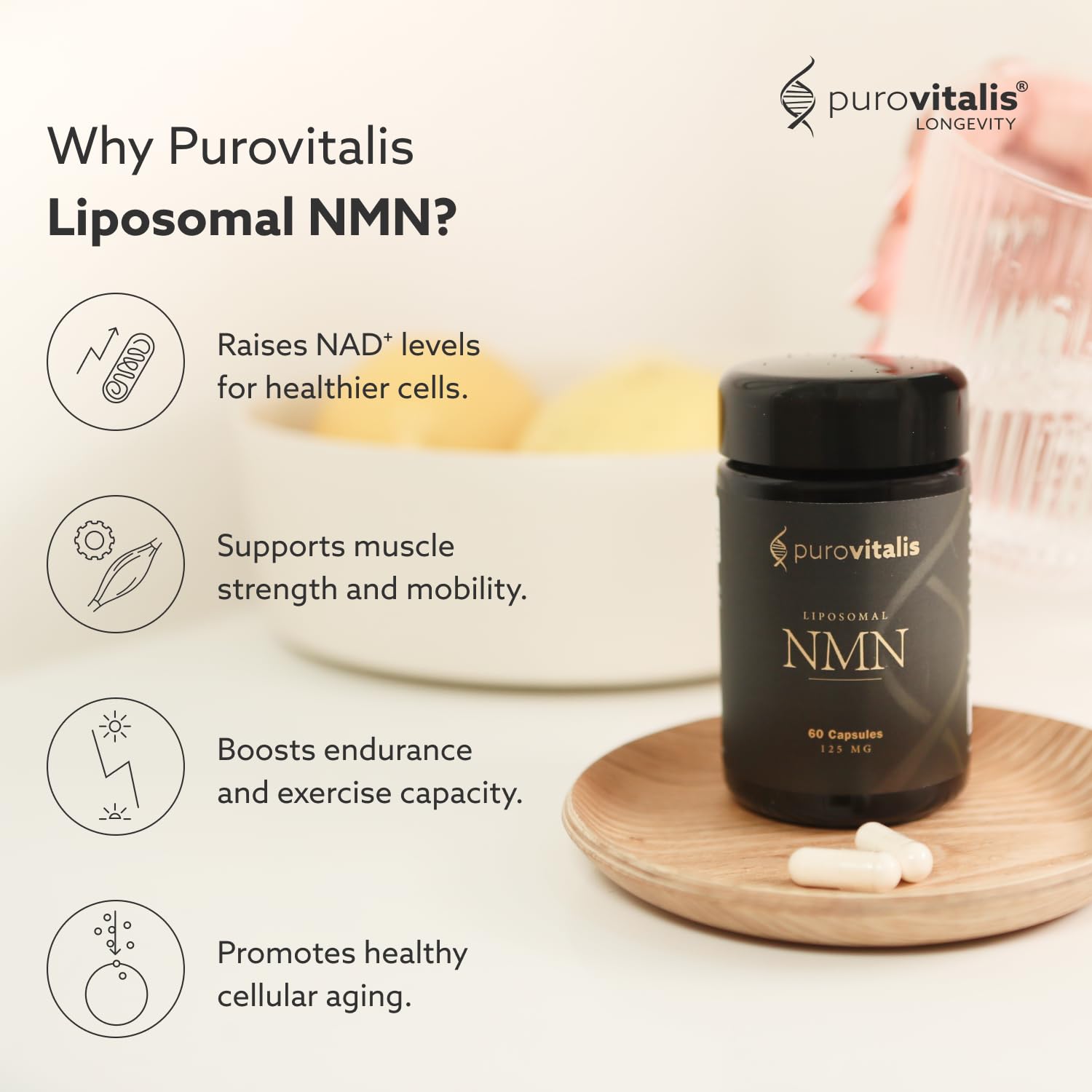Close-up of Purovitalis NMN capsules highlighting compact, easy-to-swallow dosage.