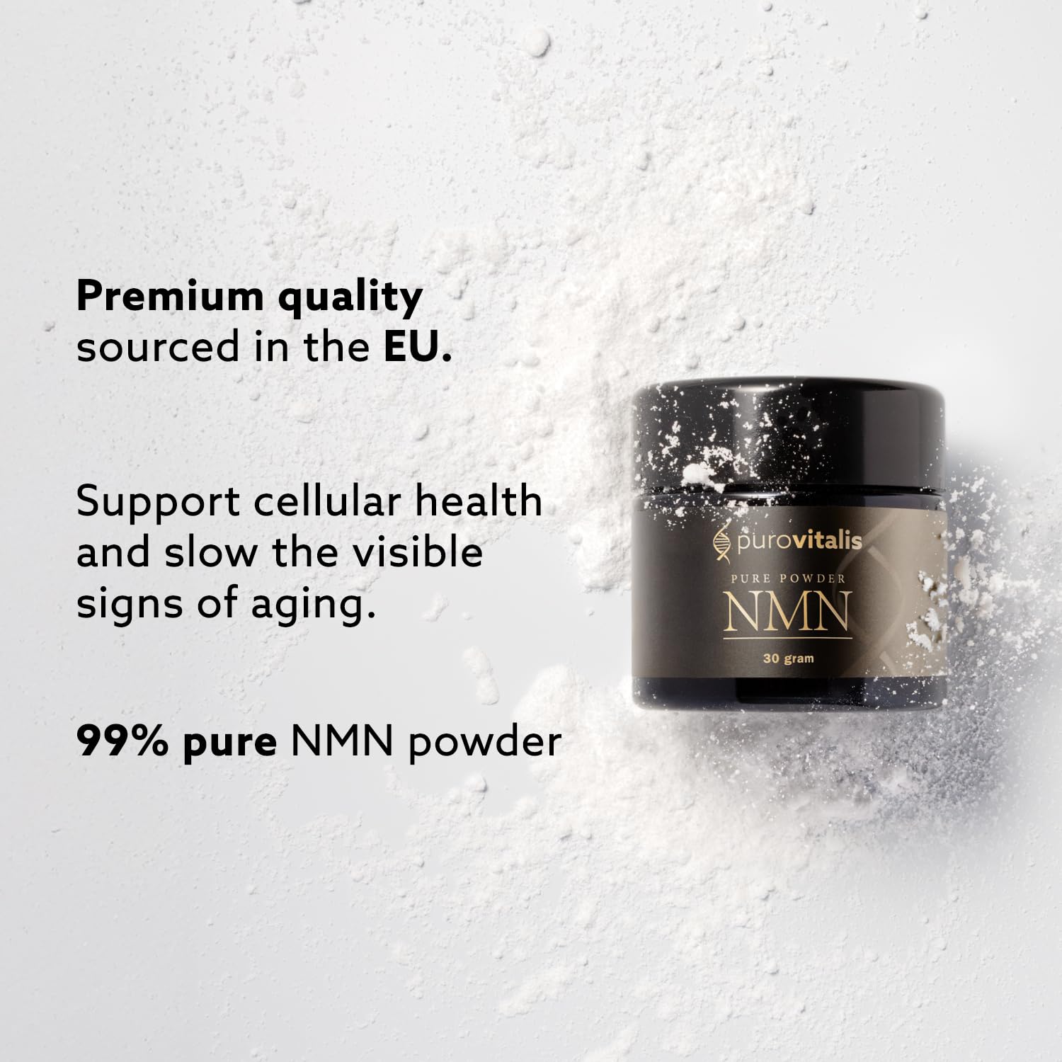 European-made NMN powder bottle sits on a clean kitchen counter.