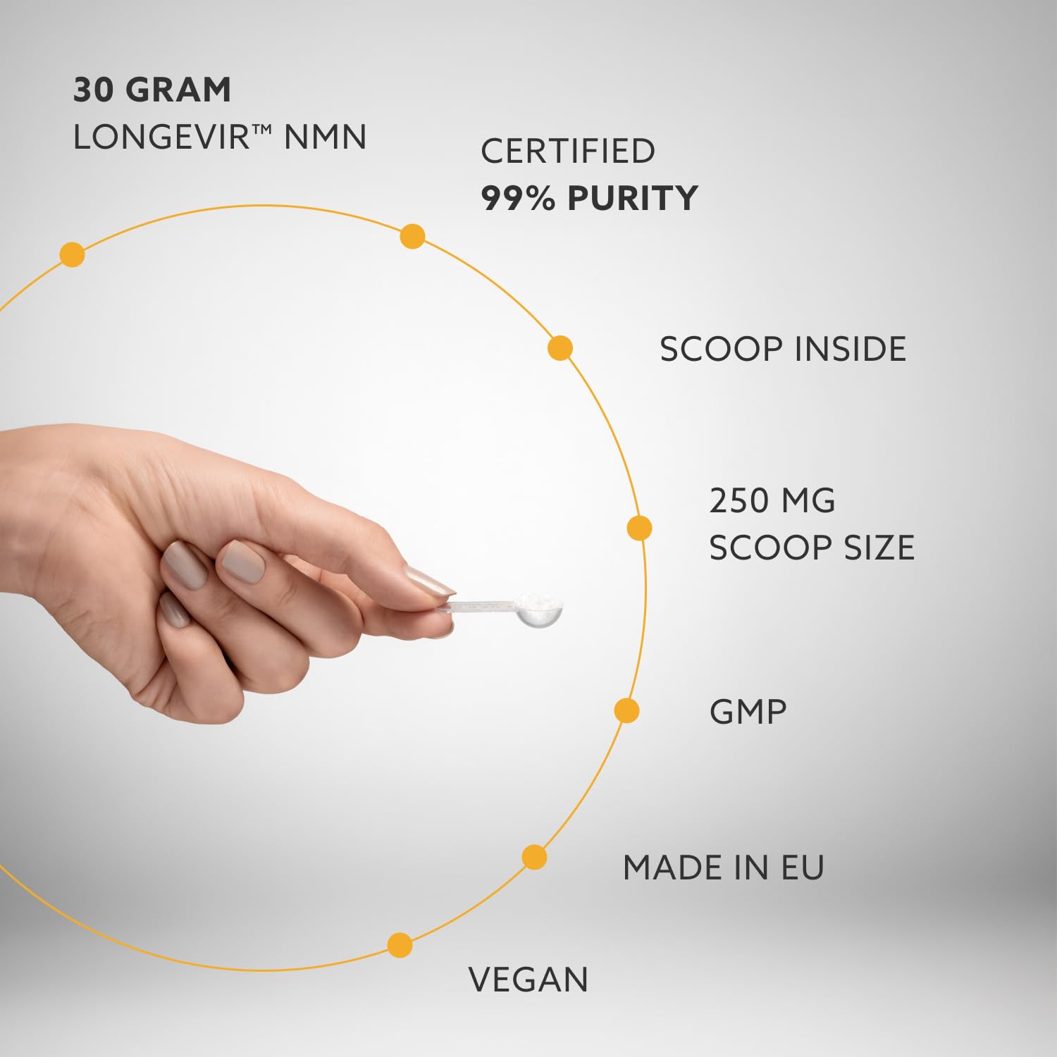 PUROVITALIS NMN powder label highlights 99% purity and third-party testing.