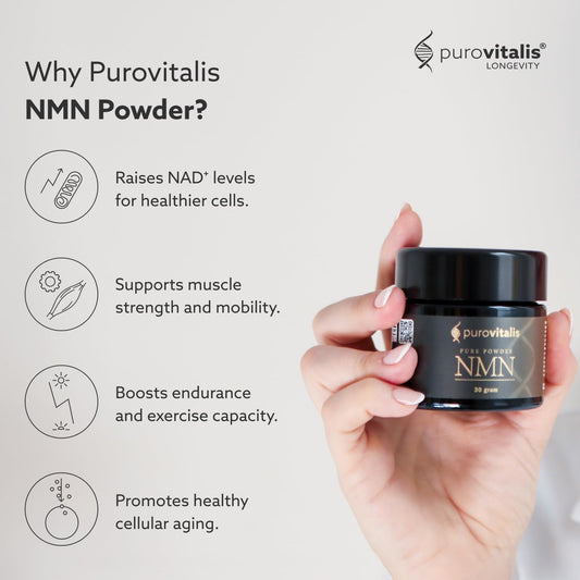 PUROVITALIS NMN powder with measuring scoop enables precise daily dosing.