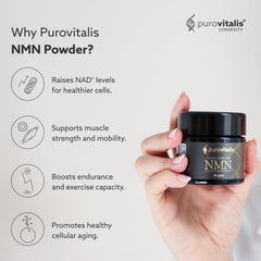 PUROVITALIS NMN powder with measuring scoop enables precise daily dosing.
