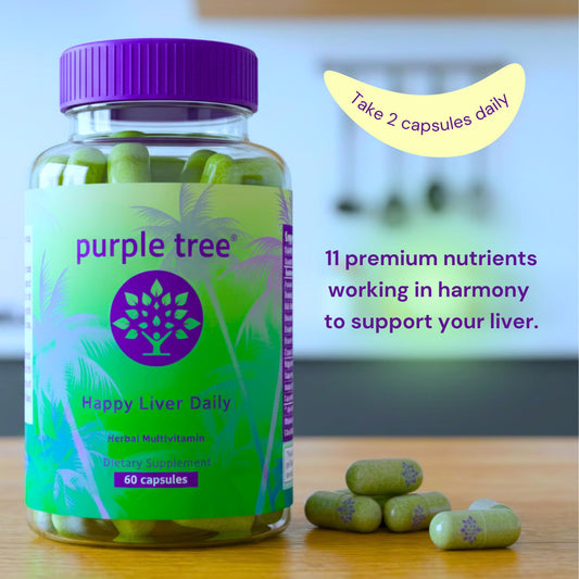 Purple Tree Happy Liver Daily capsules ready for detox-friendly use.
