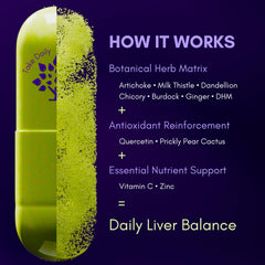 Purple Tree Happy Liver Daily label close-up highlighting Milk Thistle and DHM.