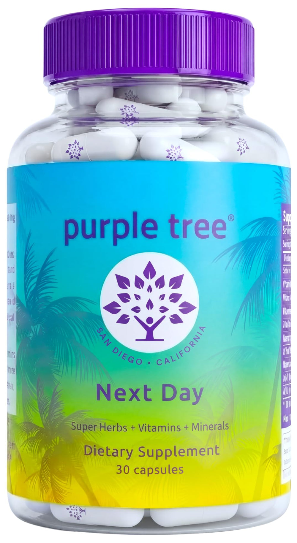 Purple Tree Next Day bottle pour showing easy-to-pour capsules for next-day balance
