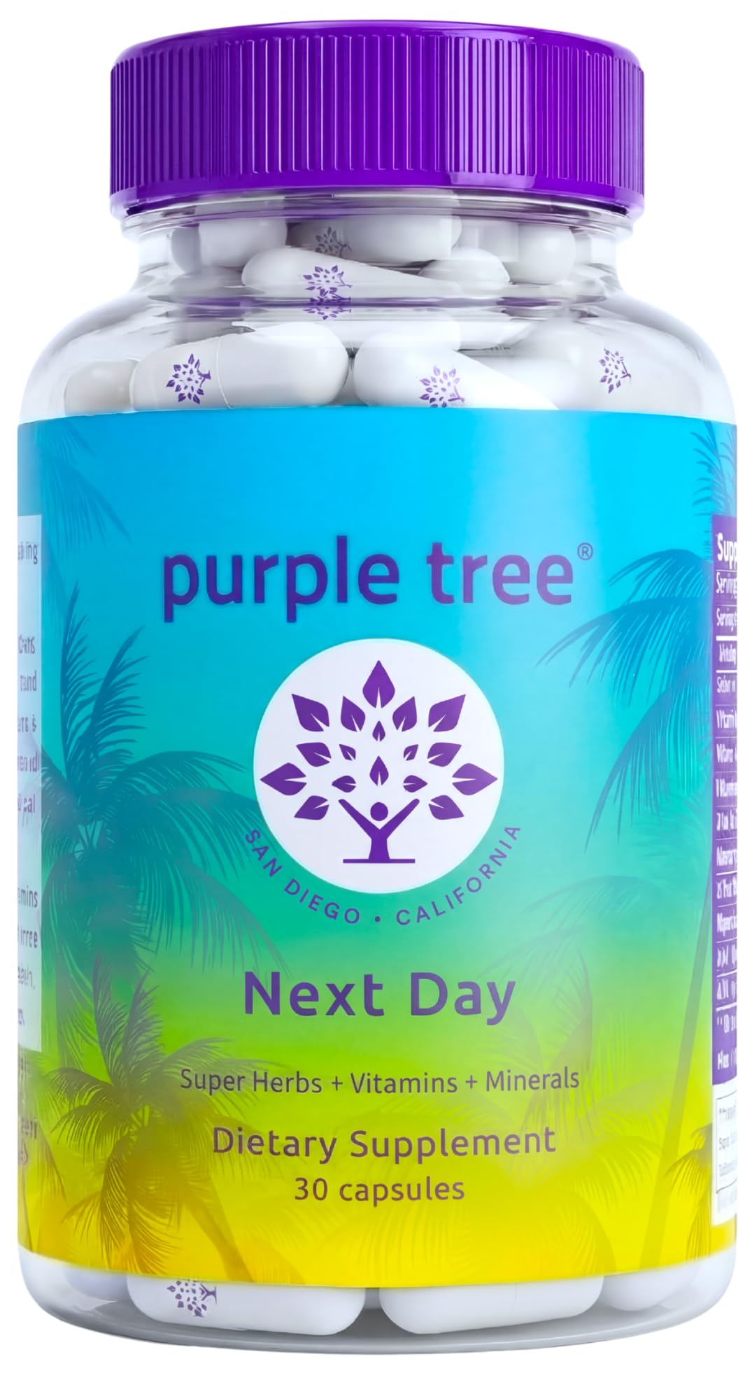 Purple Tree Next Day bottle pour showing easy-to-pour capsules for next-day balance