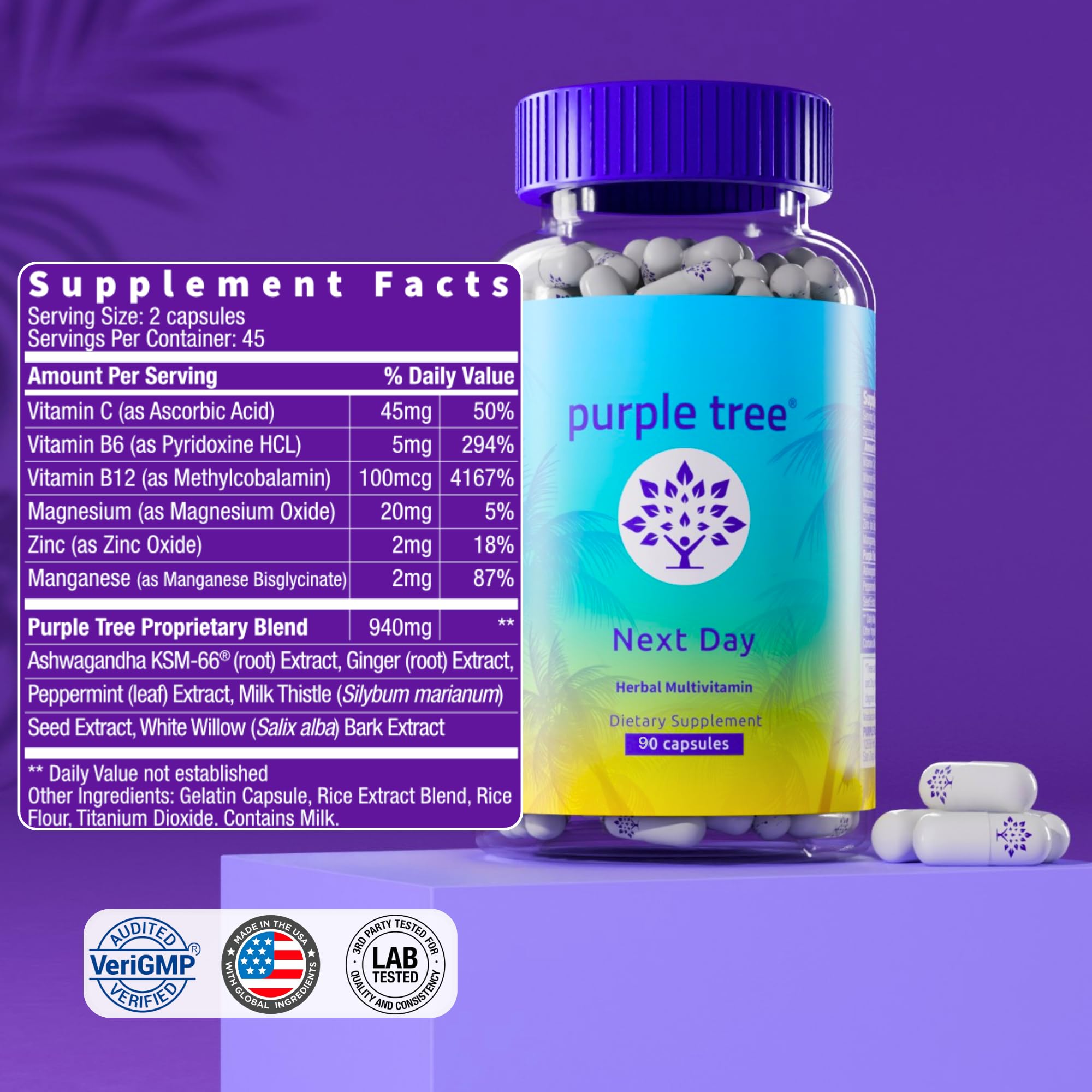 Purple Tree Next Day bottle with water beside capsules.