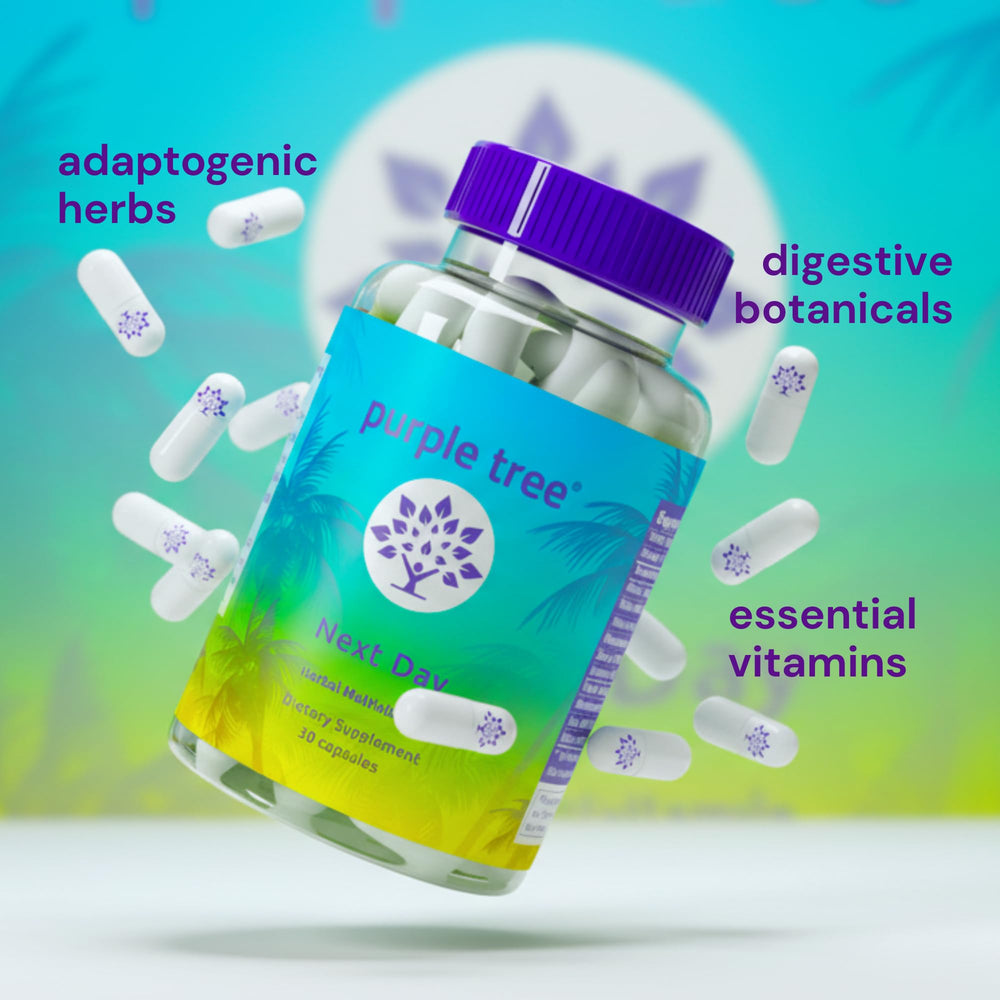Purple Tree Next Day milk thistle bottle with natural botanical imagery