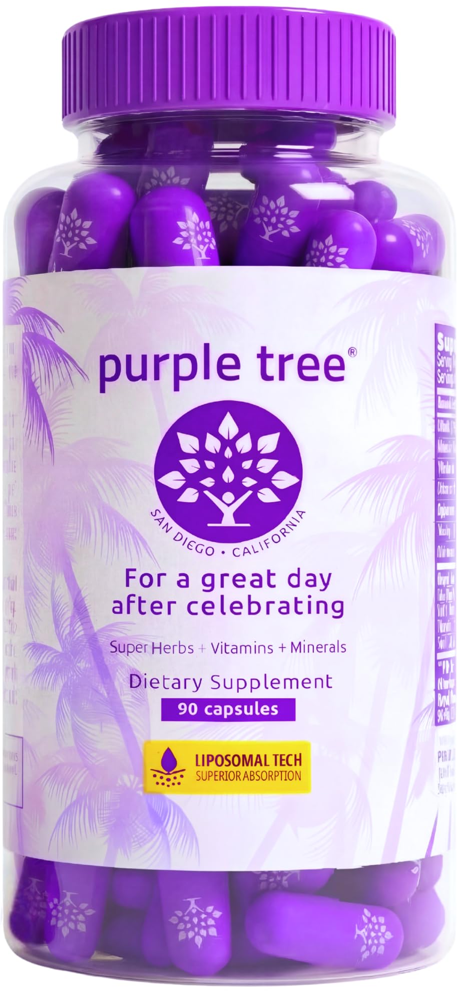 Purple Tree post-celebration bottle pills for convenient recovery after events.