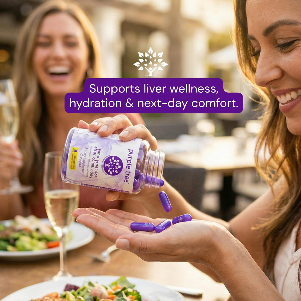Purple Tree Post-Celebration bottle pour demonstrates on-the-go hydration